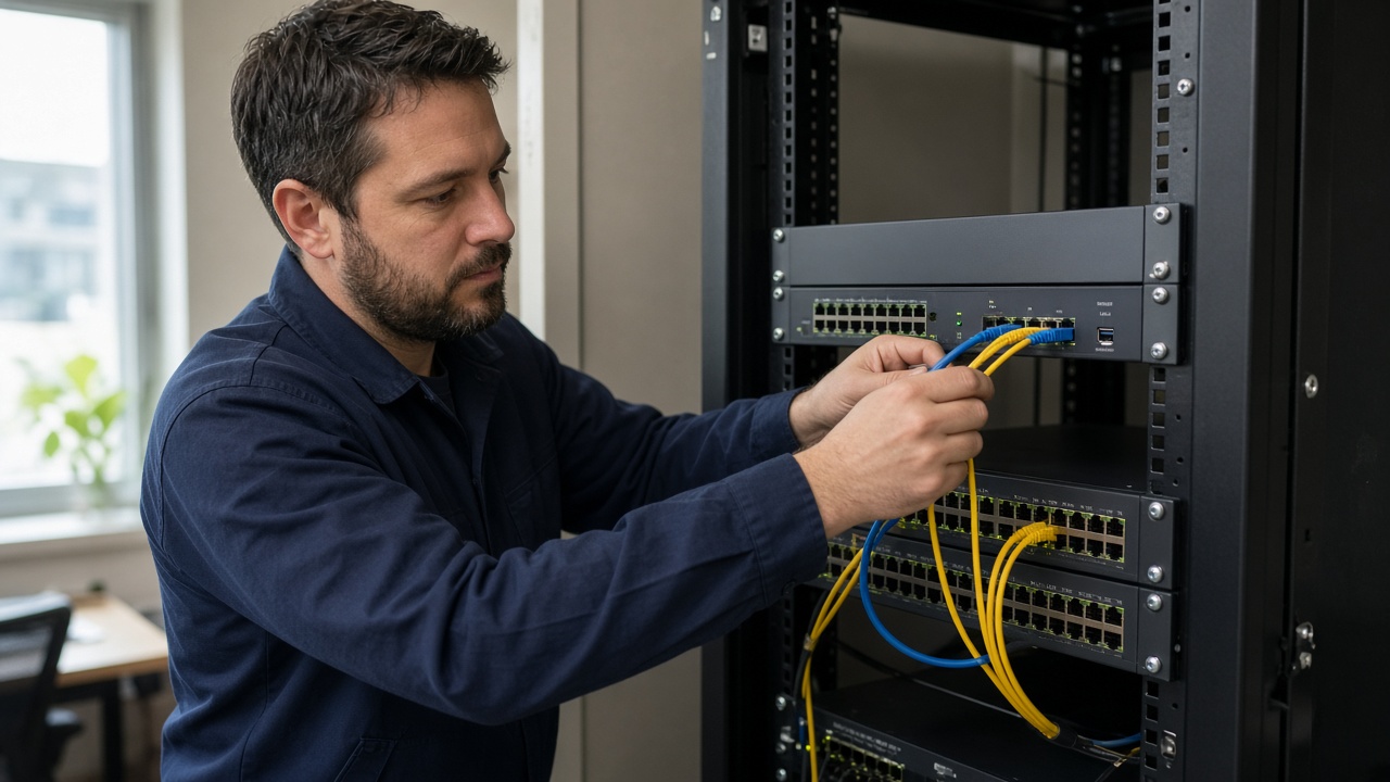 Field network engineer organizing gigabit switch and firewall patch cables in a small business server rack