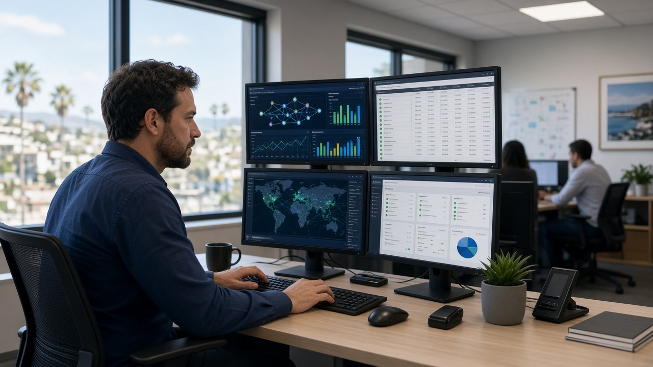 Managed IT support engineer monitoring network health dashboards across four monitors in a Southern California office