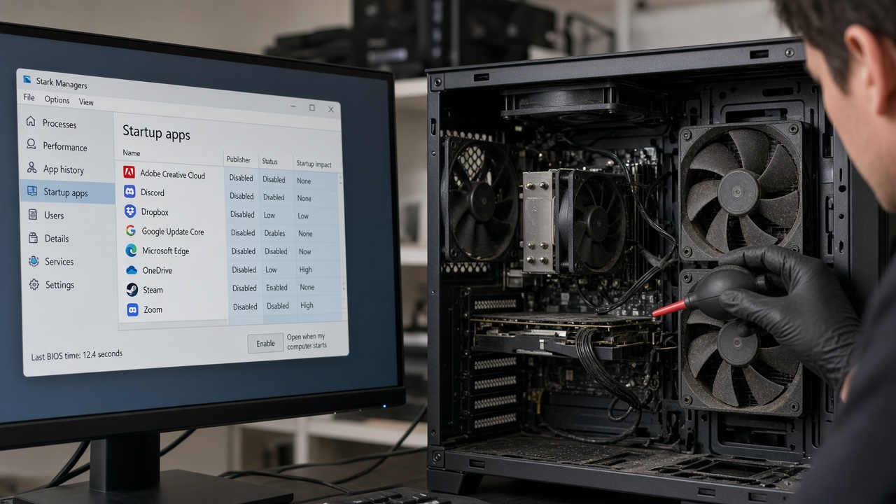 Technician disabling heavy Windows startup programs and cleaning dust from desktop cooling fans