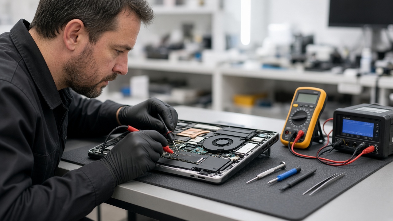 Computer repair specialist testing an open laptop motherboard and NVMe solid-state drive on an anti-static workbench