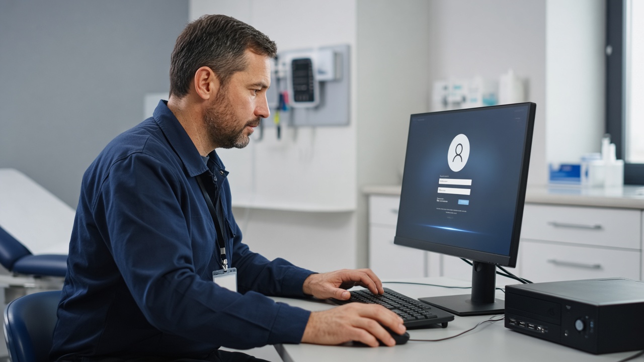 Healthcare IT specialist configuring encrypted workstation login and HIPAA audit controls in a medical exam room