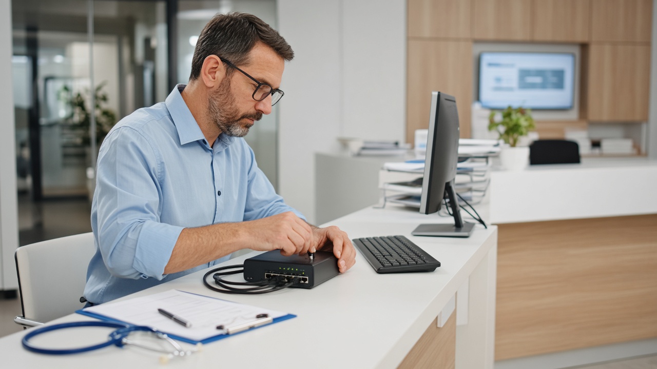 Healthcare IT specialist configuring a secure clinical network switch at a medical office reception desk