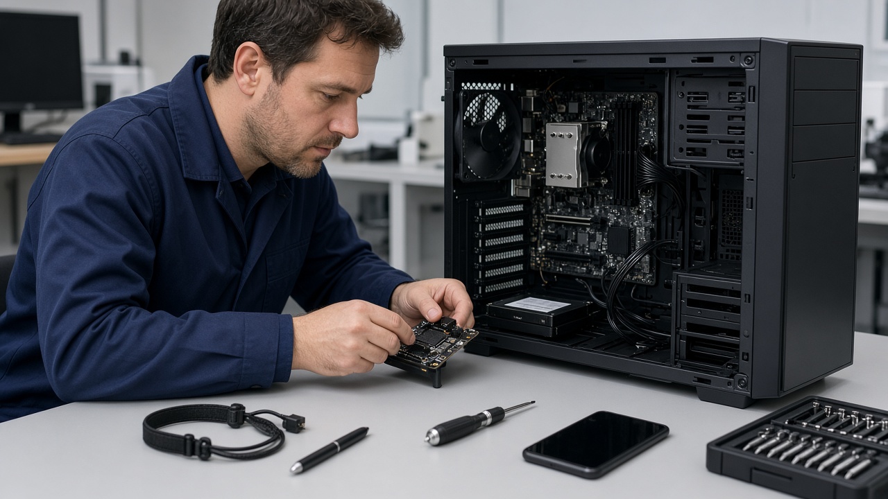 Computer technician inspecting TPM 2.0 and SSD upgrade readiness on a desktop PC before a Windows 11 migration