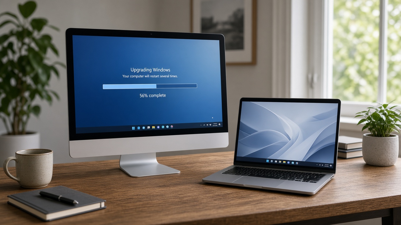 Desktop computer and laptop upgrading from Windows 10 to Windows 11 in a home office