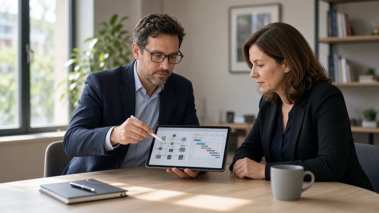 IT consultant reviewing a network architecture diagram and hardware lifecycle roadmap with a local business manager