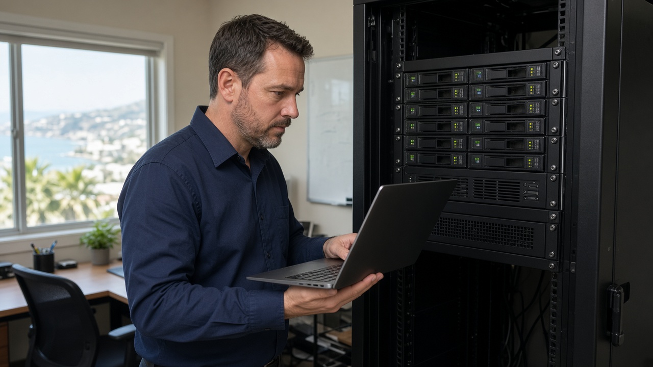 IT engineer verifying immutable cloud backups and local NAS storage appliances for a Murrieta small business