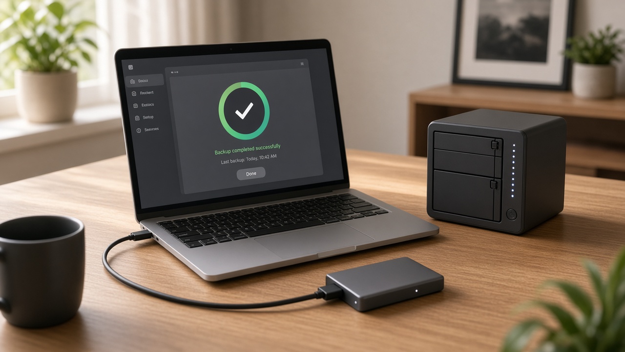Laptop connected to an external SSD and NAS backup drive showing a completed computer backup
