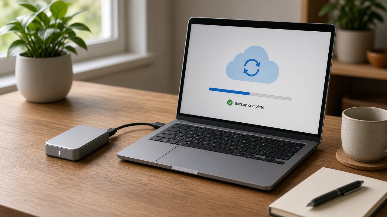Laptop completing a 3-2-1 cloud backup sync alongside a connected USB-C external solid-state drive