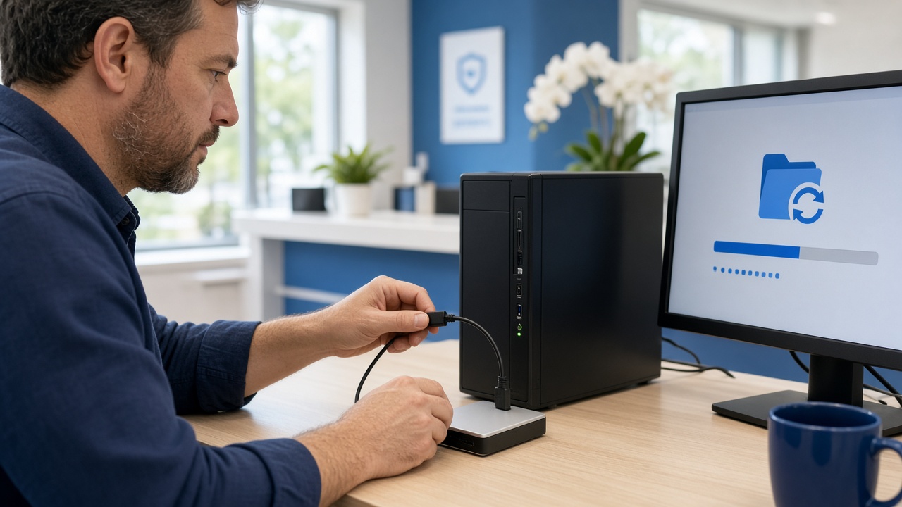 IT specialist connecting an external backup drive to a desktop computer to restore files after a malware cleanup