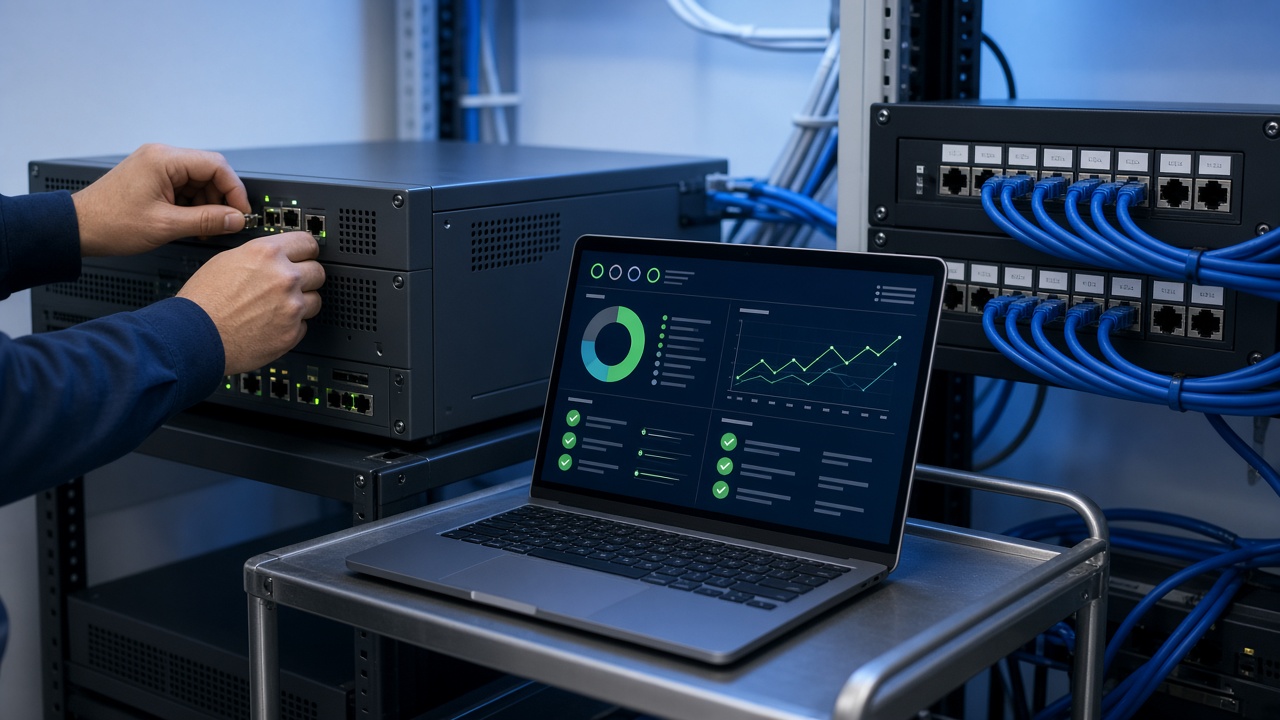Technician configuring a business firewall and network patch panel in a clinic network closet