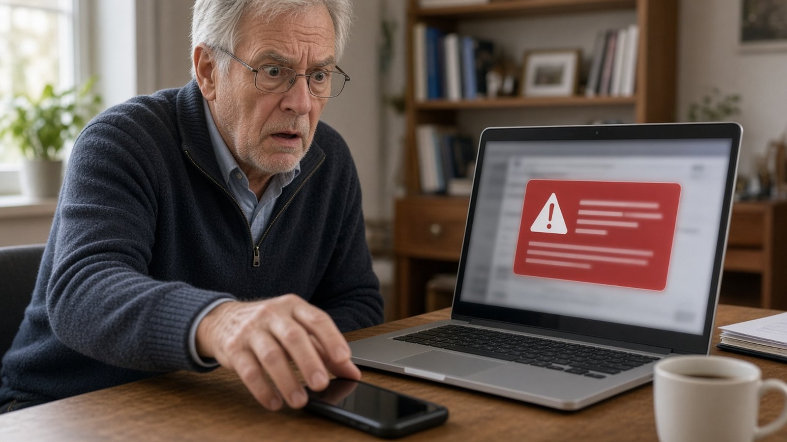 Man alarmed by a fake virus warning pop-up on his laptop