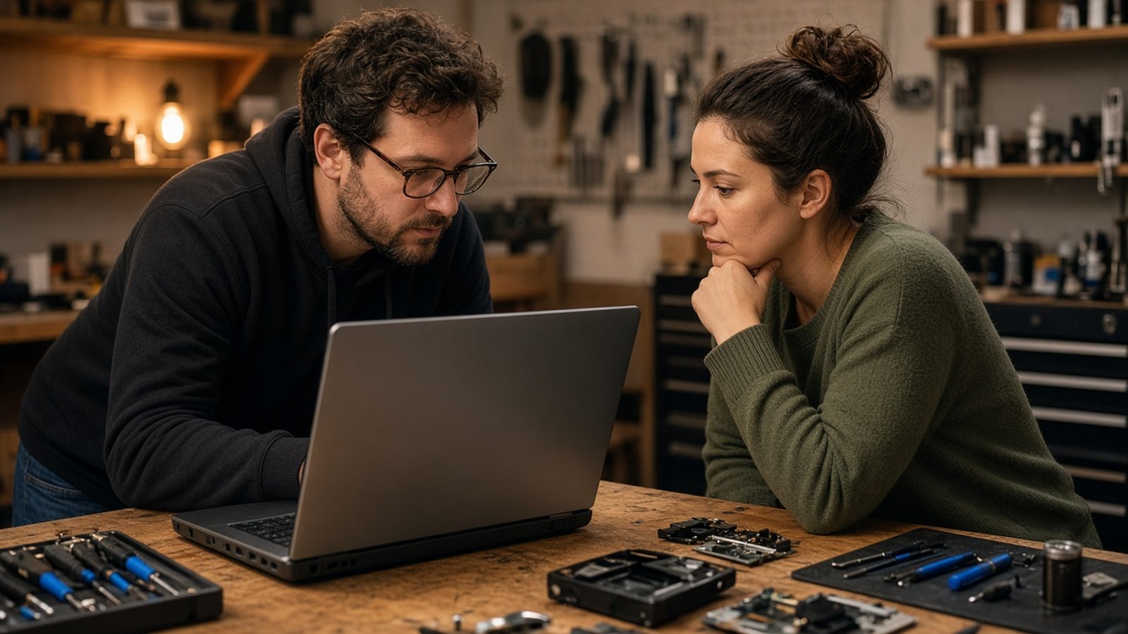 Local computer technician checking a customer laptop for malware after a phishing scam