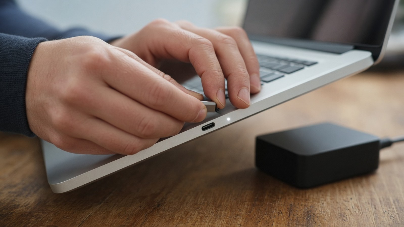 Close-up of hands plugging a laptop power cable into the charging port while checking the white LED power indicator light