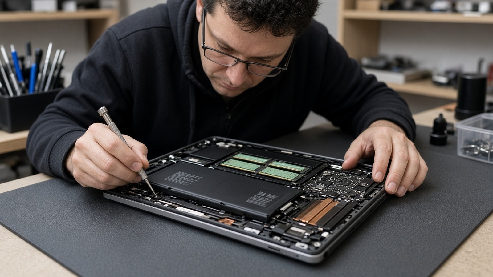 Computer technician on an anti-static mat inspecting the internal lithium-ion battery and RAM modules of an open laptop