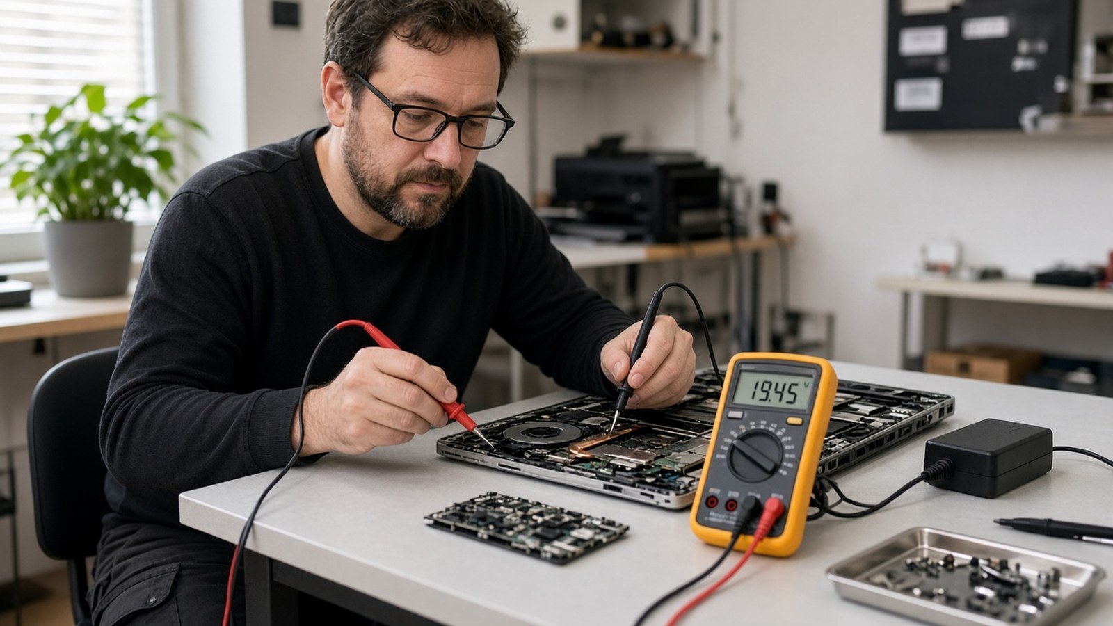 A. Computer Doctor technician testing a dead laptop DC power jack and motherboard circuit with a digital multimeter on a repair bench