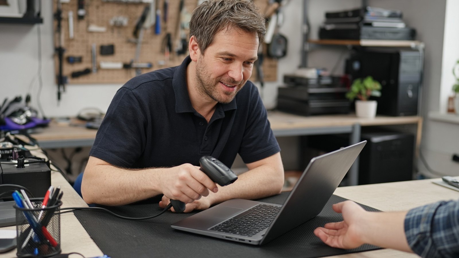 Computer technician scanning a customer laptop for malware