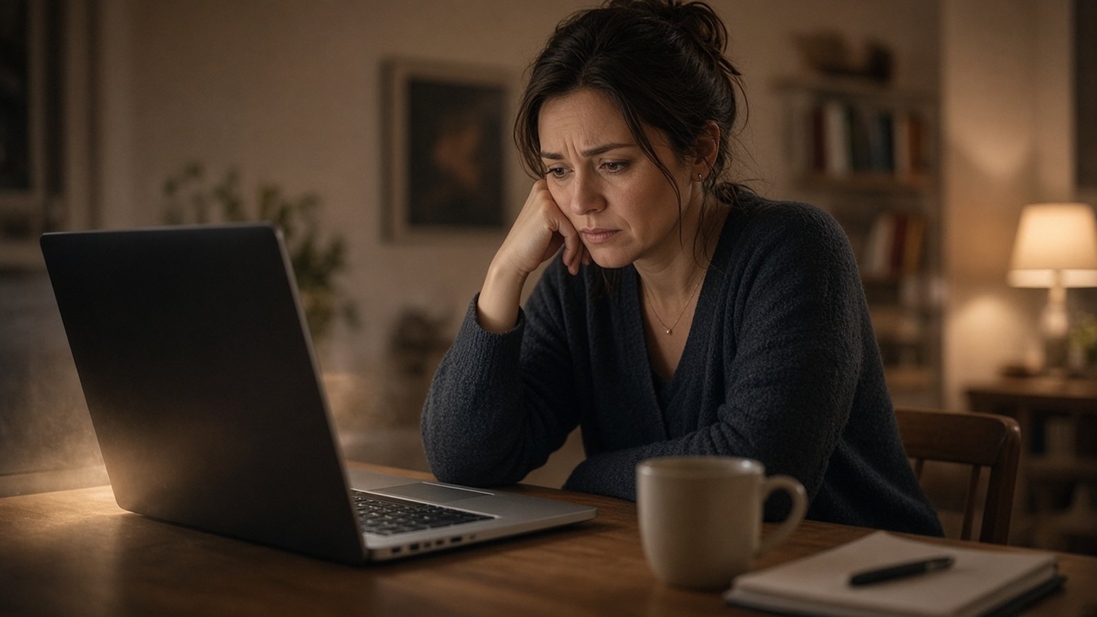 Worried woman looking at a slow laptop that may have a virus